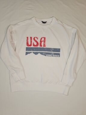 Eddie Bauer White Crewneck Sweater with Red USA Print and Blue Stripes